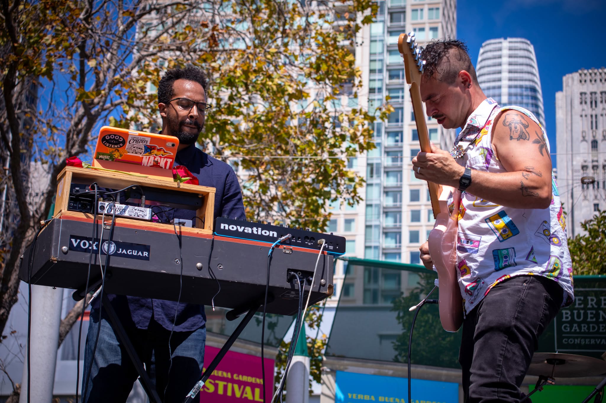 Keys and guitar with the San Francisco skyline behind
